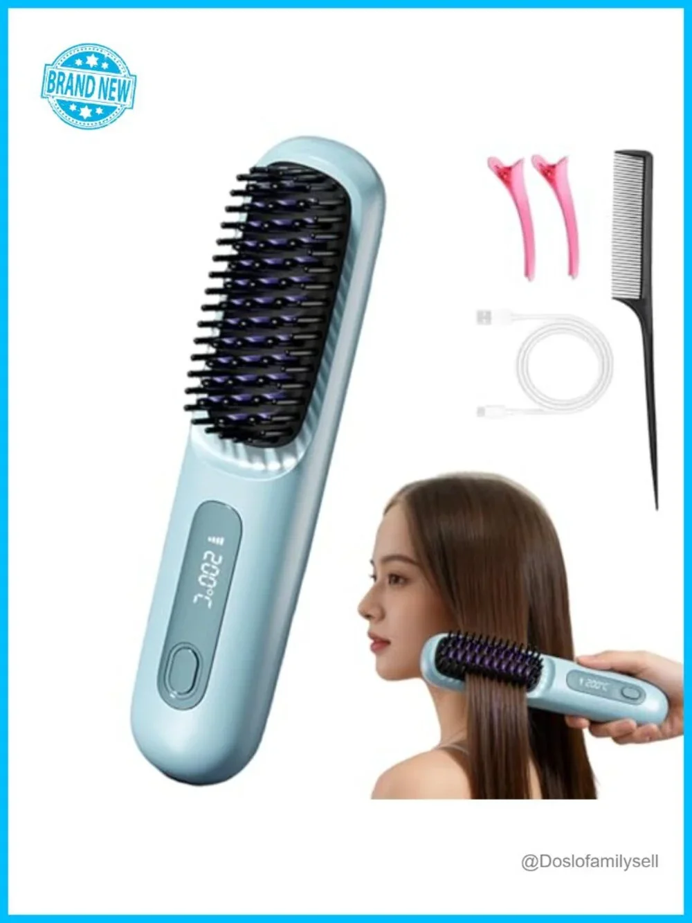 Mini Cordless Hair Straightener Brush with LCD Display, Fast Heating, Travel